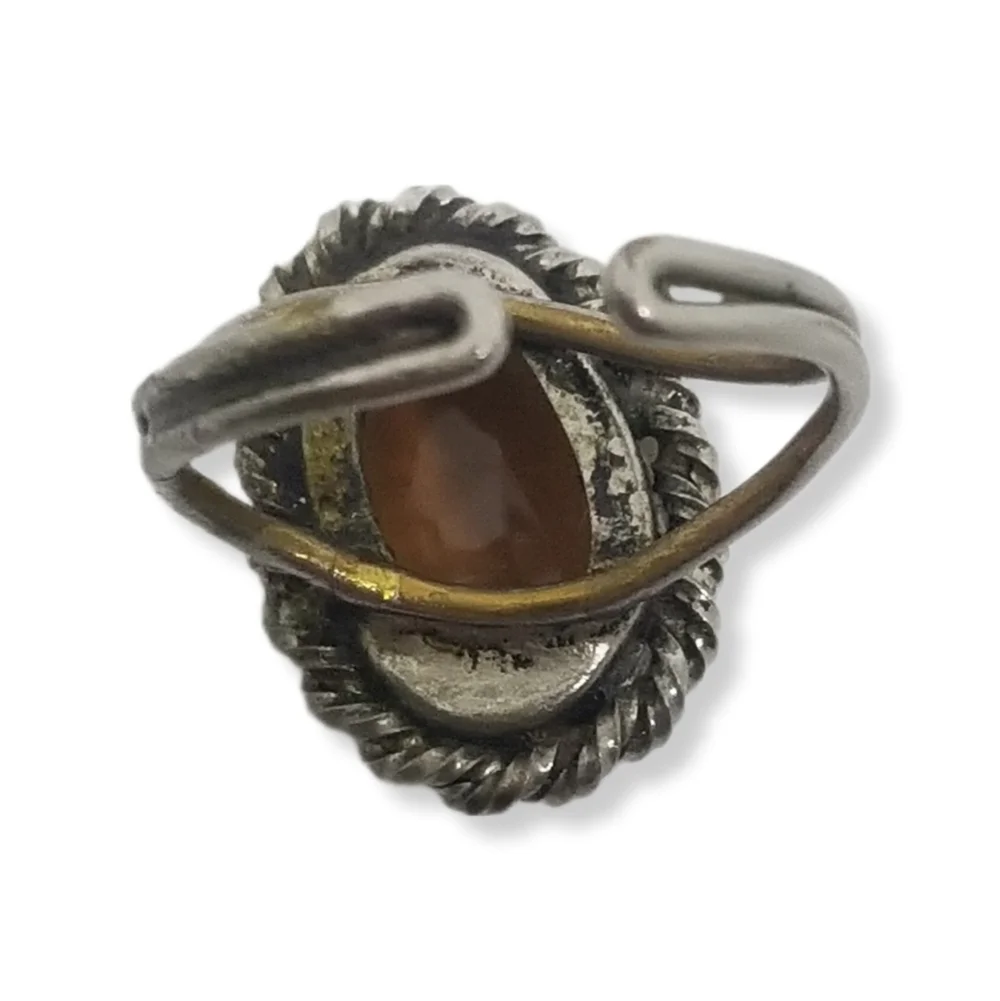 VINTAGE GERMAN ARTISAN MADE SILVERPLATED BRASS & AMBER COLOR GLASS STONE RING